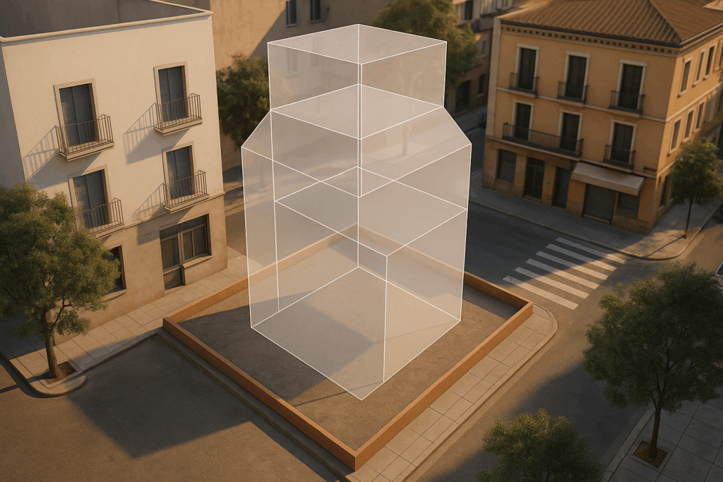 Render fotorrealista 3D de una parcela urbana mediterránea con volumen transparente que muestra altura máxima, retranqueos y ocupación edificable