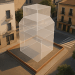 Render fotorrealista 3D de una parcela urbana mediterránea con volumen transparente que muestra altura máxima, retranqueos y ocupación edificable