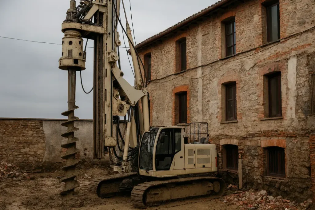 Máquina pilotadora realizando pilotes junto a fachada antigua para refuerzo de cimentación
