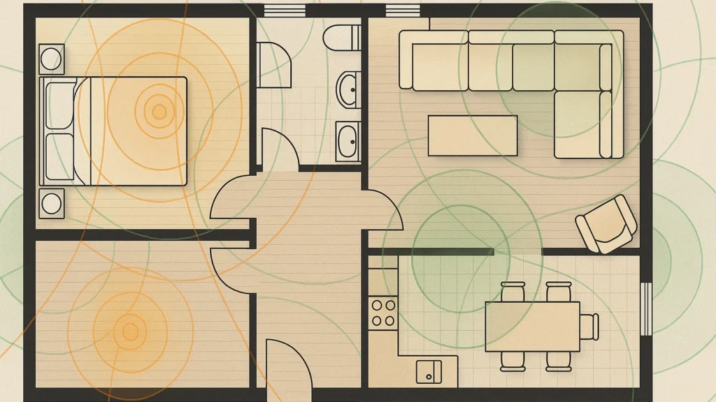 plano de vivienda con zonas de radiación natural y áreas seguras representadas por colores
