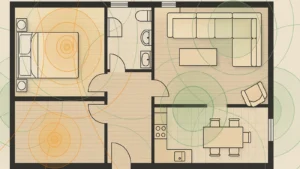 plano de vivienda con zonas de radiación natural y áreas seguras representadas por colores