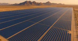 Vista aérea realista de la planta solar de Sonora en Puerto Peñasco, México, con paneles fotovoltaicos extendidos en el desierto al atardecer
