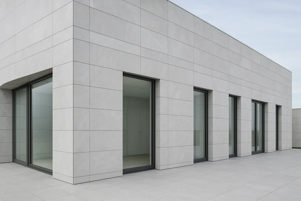 Fachada ventilada revestida con porcelana arquitectónica de gran formato en vivienda modernoa.