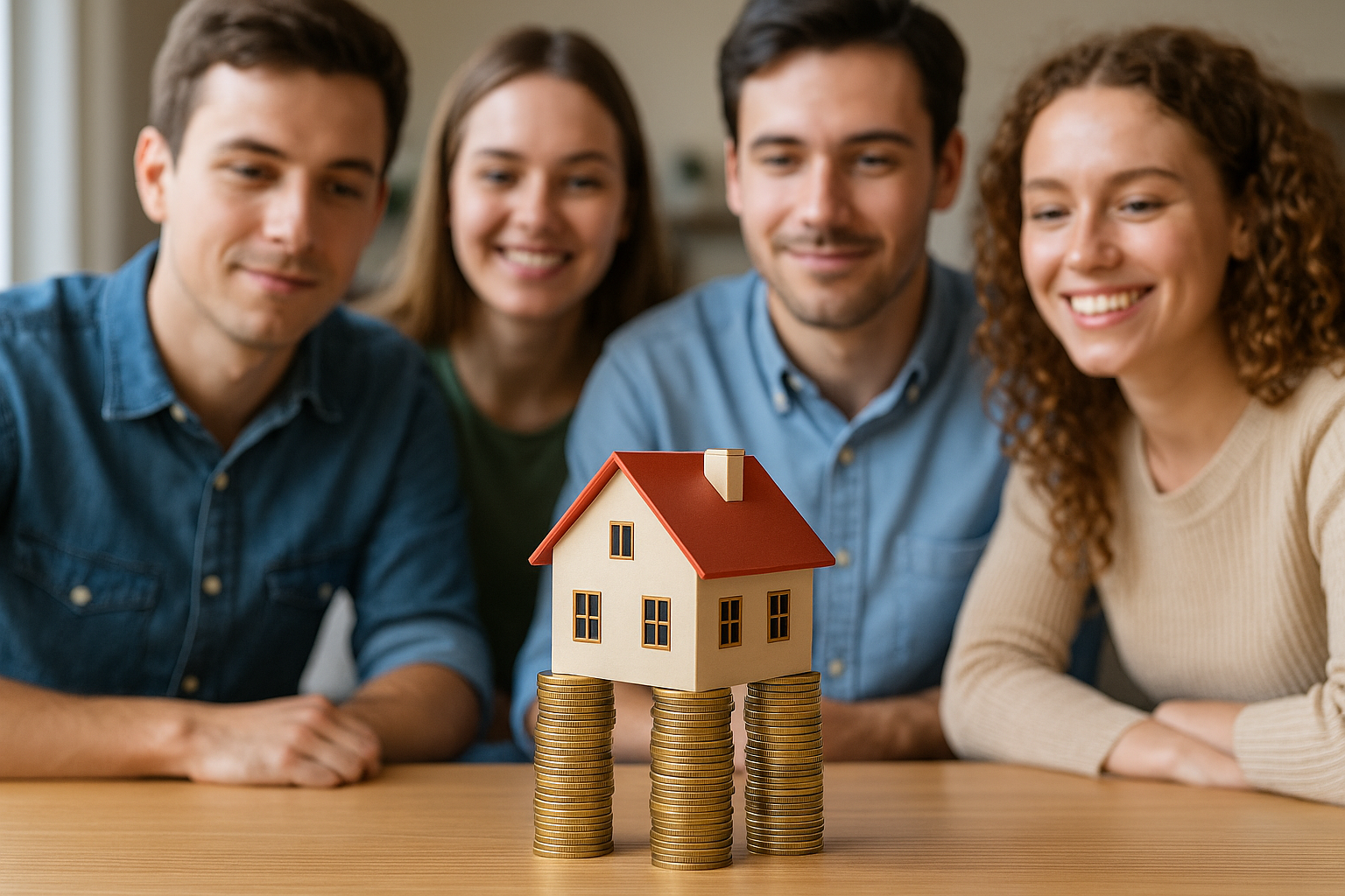 Jóvenes observando una maqueta de casa sobre columnas de monedas, símbolo del aumento del precio de la vivienda en España
