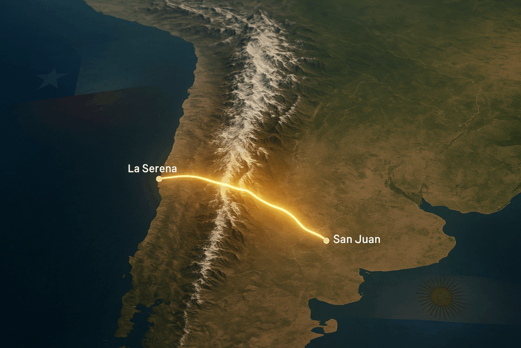 Mapa realista del proyecto Agua Negra mostrando el recorrido del túnel bajo los Andes entre San Juan, Argentina, y Coquimbo, Chile, con las banderas difuminadas de ambos países