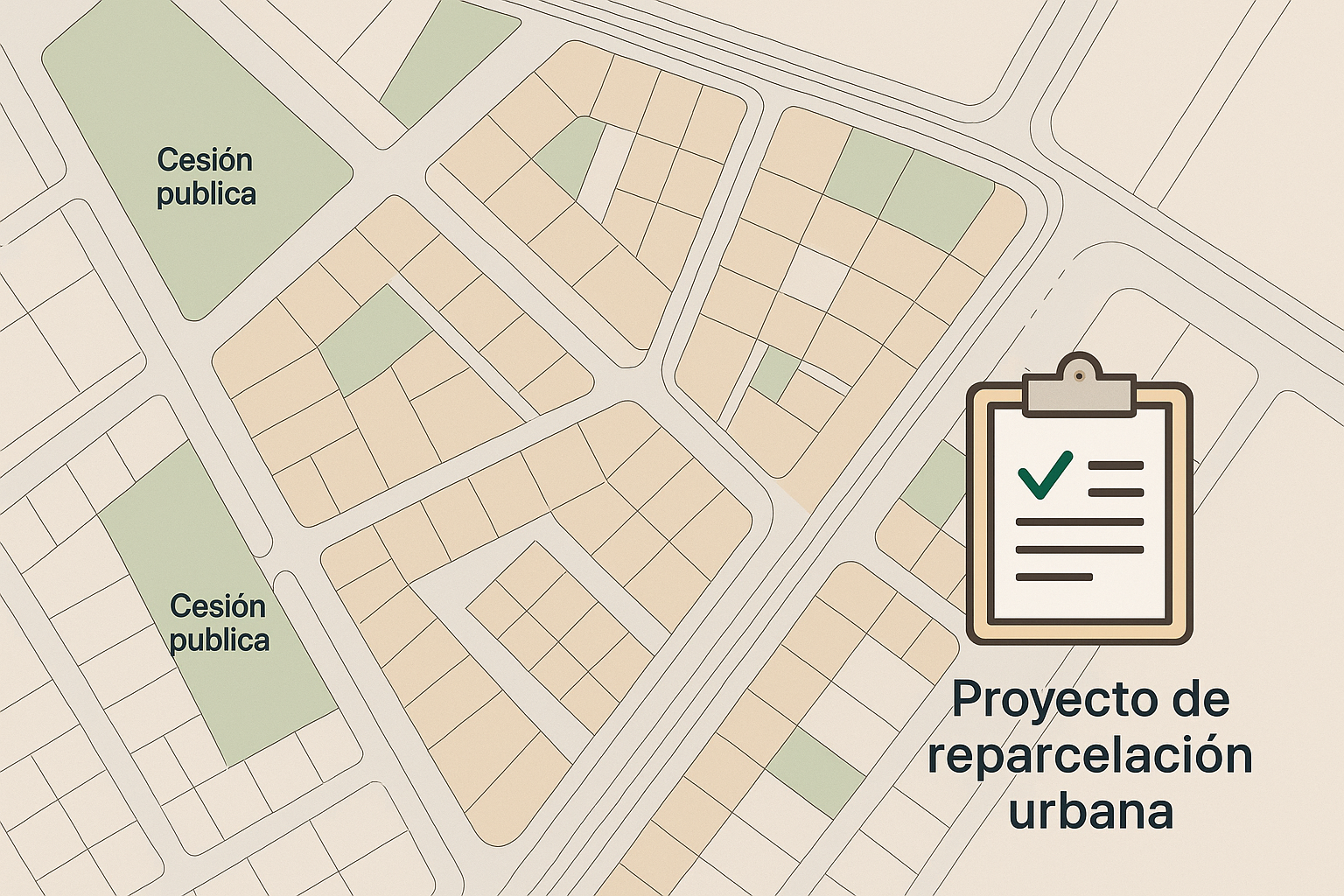 plano urbanístico con parcelas, calles y zonas verdes de cesión pública en un proyecto de reparcelación