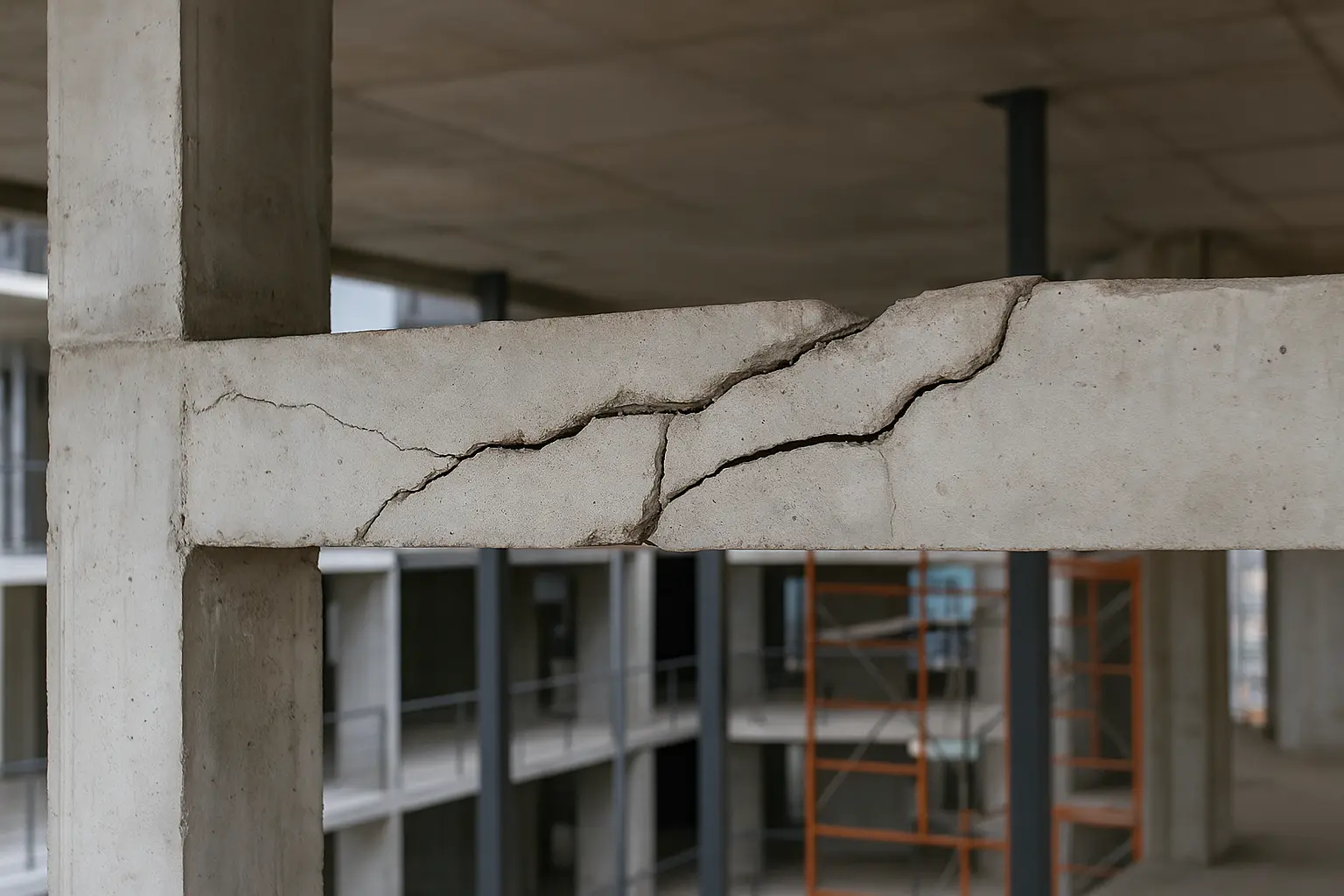 Viga de hormigón armado con fisuras diagonales visibles por fallo de cortante y torsión en un edificio moderno en construcción.