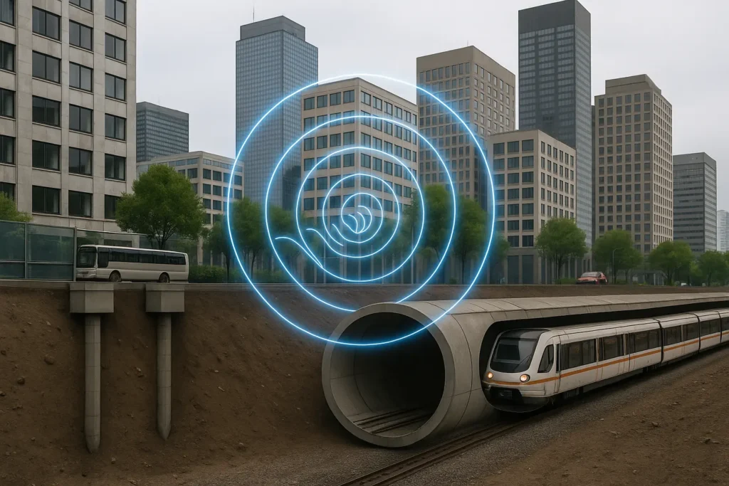 Ciudad moderna con rascacielos y túnel subterráneo del metro. Se observan ondas de vibración azules que representan el ruido estructural urbano propagándose por el terreno.