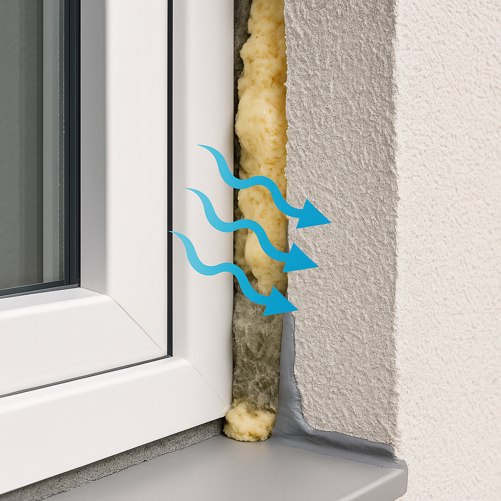 Detalle del sellado entre ventana y pared con espuma aislante y acabado hermético para mejorar la eficiencia energética y el confort