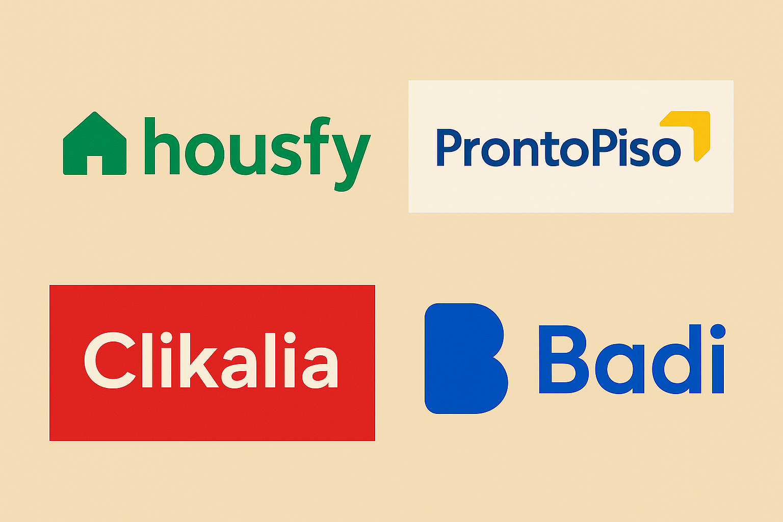 Ilustración editorial minimalista con los logotipos estilizados de las startups inmobiliarias Housfy, ProntoPiso, Clikalia y Badi sobre fondo neutro