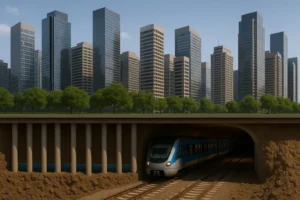 Ciudad moderna con rascacielos y vista del subsuelo mostrando pilotes de cimentación y un túnel del metro.