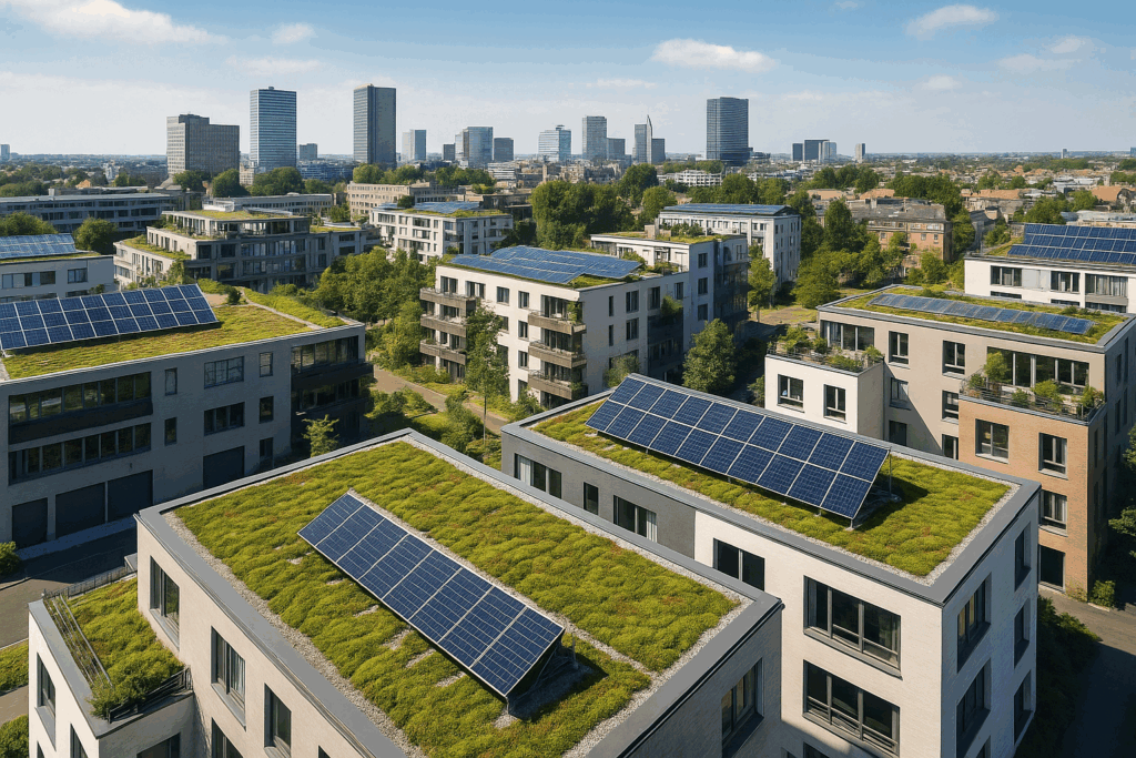 Vista aérea de cubiertas verdes y solares en una ciudad sostenible