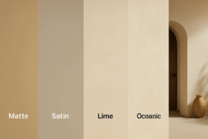 Interior mediterráneo contemporáneo con paredes de distintos acabados de pintura: mate, satinada, a la cal y ecológica