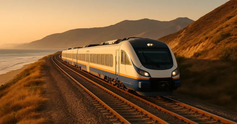 Tren moderno recorriendo la costa peruana al atardecer en 2026, símbolo de la red ferroviaria que conectará Perú con Sudamérica.