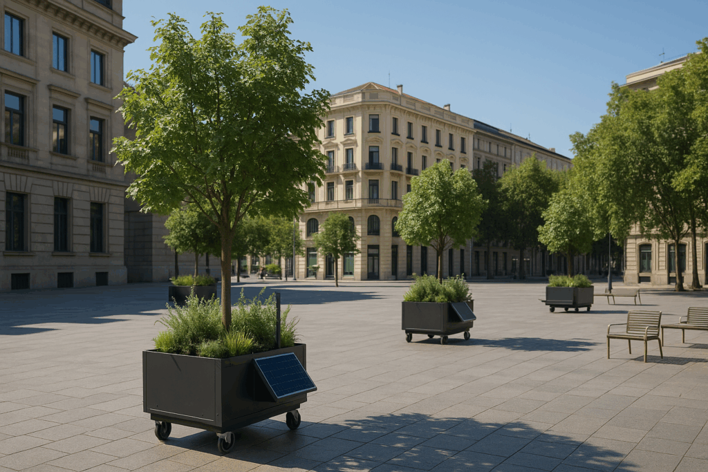 árboles inteligentes en entorno urbano representando el urbanismo forestal móvil