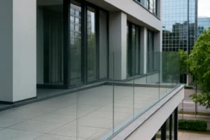 Barandilla de vidrio templado sin perfil superior metálico, con diseño minimalista y vista urbana moderna.