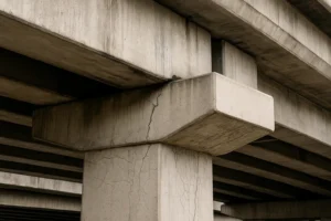 Detalle de vigas y pilares de hormigón con microfisuras visibles