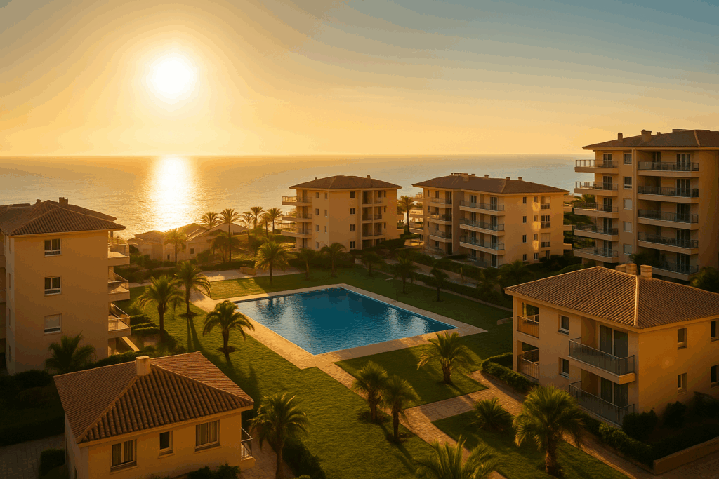 Urbanización moderna frente al mar representando la revalorización de la vivienda en Canarias
