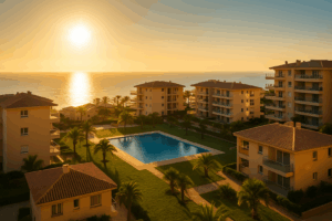 Urbanización moderna frente al mar representando la revalorización de la vivienda en Canarias