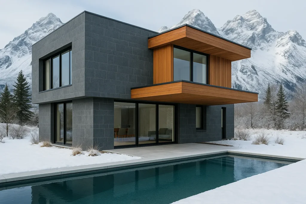 Vivienda moderna de dos plantas con fachada de basalto, madera de iroko y piscina, situada frente a montañas nevadas