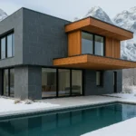 Vivienda moderna de dos plantas con fachada de basalto, madera de iroko y piscina, situada frente a montañas nevadas