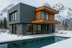 Vivienda moderna de dos plantas con fachada de basalto, madera de iroko y piscina, situada frente a montañas nevadas