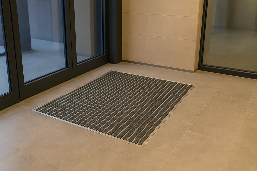 felpudo técnico empotrado en el vestíbulo interior de un edificio contemporáneo.