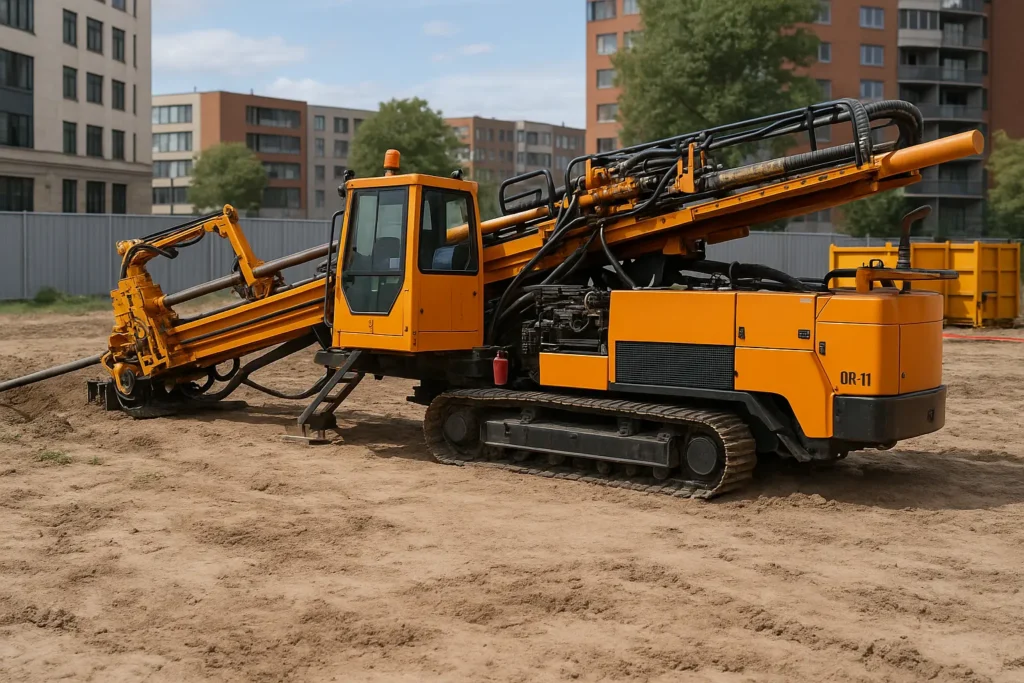 Máquina de perforación horizontal dirigida HDD de color naranja trabajando sobre terreno arenoso en un entorno urbano