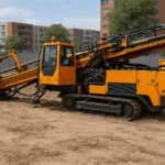 Máquina de perforación horizontal dirigida HDD de color naranja trabajando sobre terreno arenoso en un entorno urbano