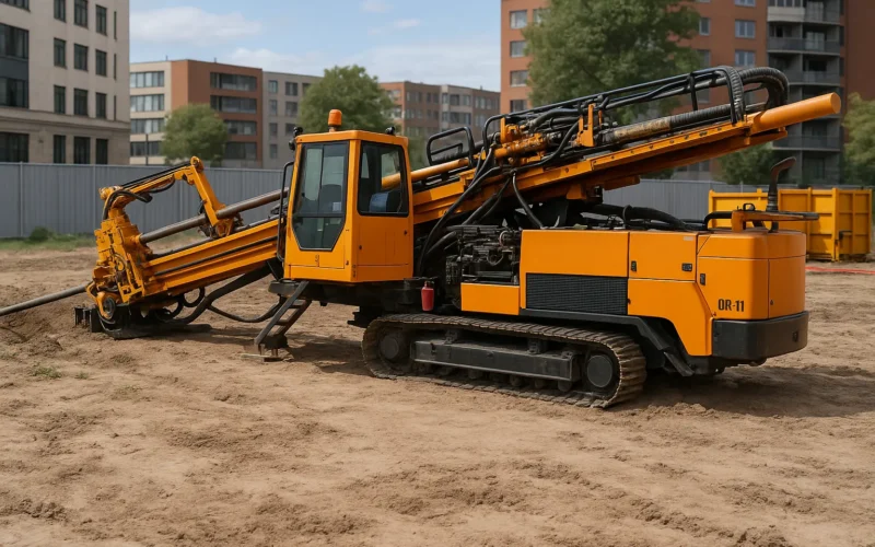 Máquina de perforación horizontal dirigida HDD de color naranja trabajando sobre terreno arenoso en un entorno urbano