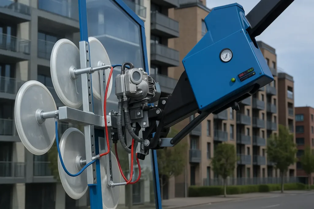 Ventosa industrial de vacío colocando un panel de vidrio con un robot azul en una obra urbana