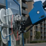 Ventosa industrial de vacío colocando un panel de vidrio con un robot azul en una obra urbana