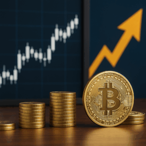 acciones y criptomonedas representadas mediante monedas físicas y gráficos de mercado en un contexto de inversión financiera