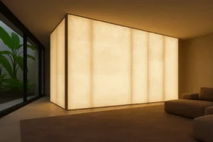 pared de alabastro retroiluminada en perspectiva dentro de un interior moderno