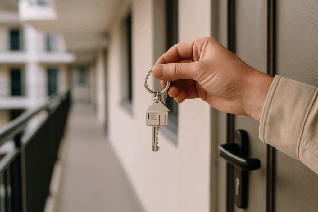 mano sosteniendo unas llaves frente a la puerta de un piso, representando el alquiler con opción a compra en 2026