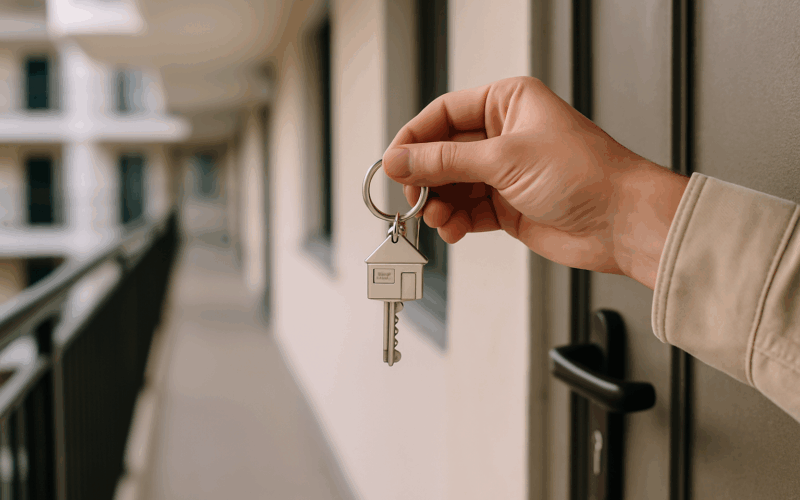 mano sosteniendo unas llaves frente a la puerta de un piso, representando el alquiler con opción a compra en 2026