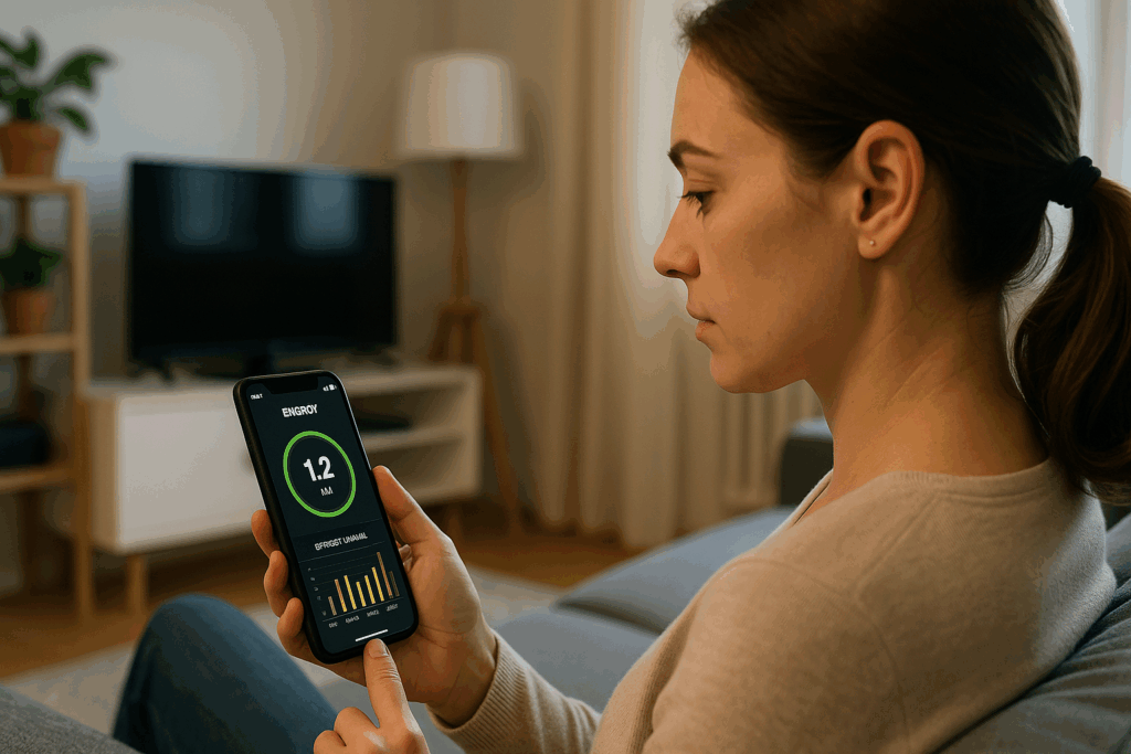 mujer usando una app para ahorrar energía en casa desde el móvil