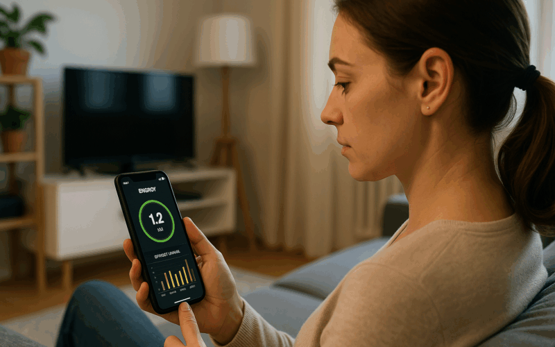 mujer usando una app para ahorrar energía en casa desde el móvil