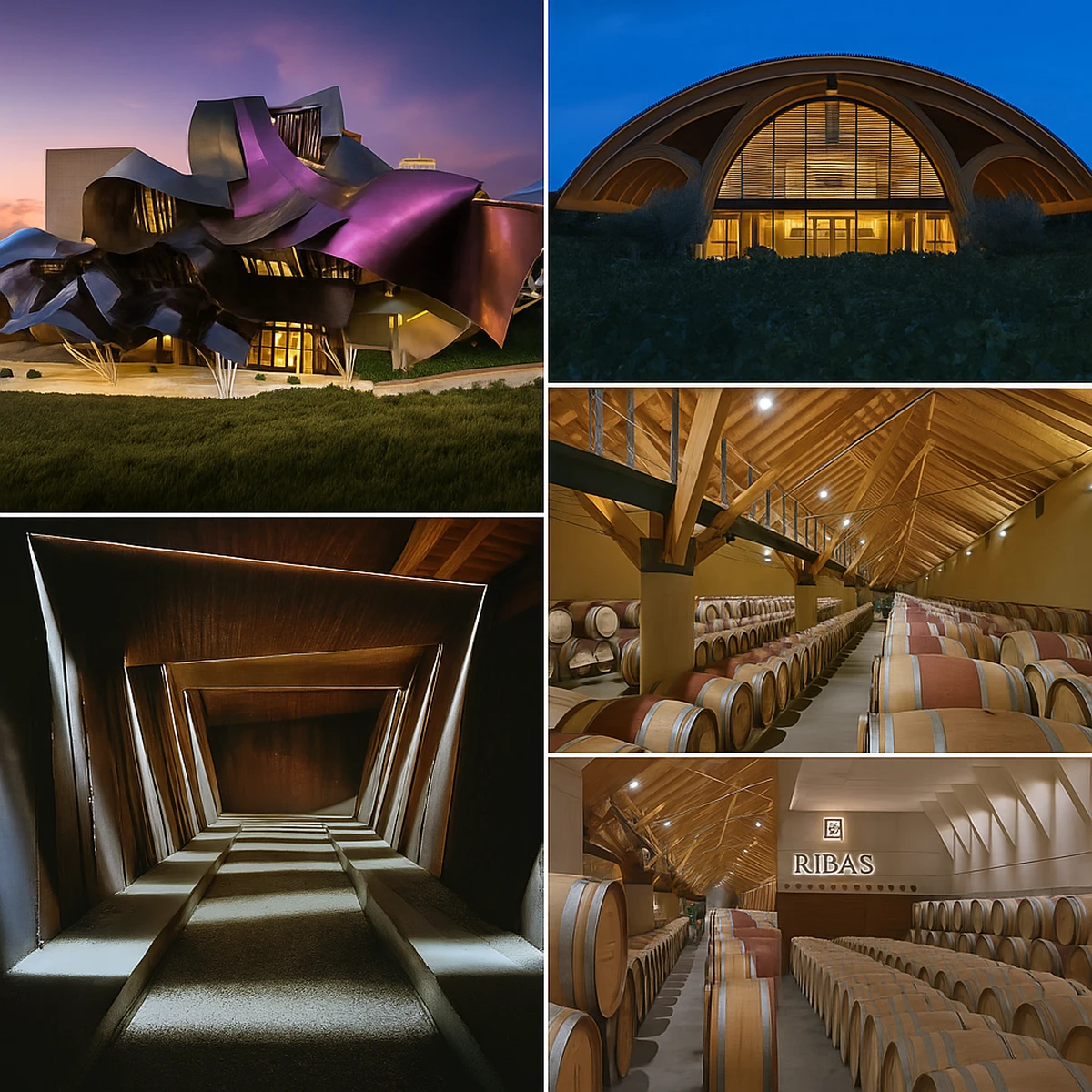 Composición visual que reúne cinco referentes de arquitectura de bodegas diseñadas por estudios de prestigio.