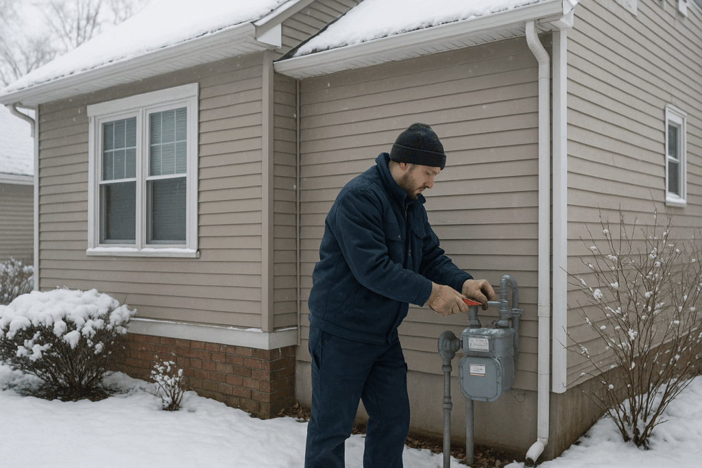 Técnico revisando instalación exterior en invierno para evitar averías domésticas más caras del invierno