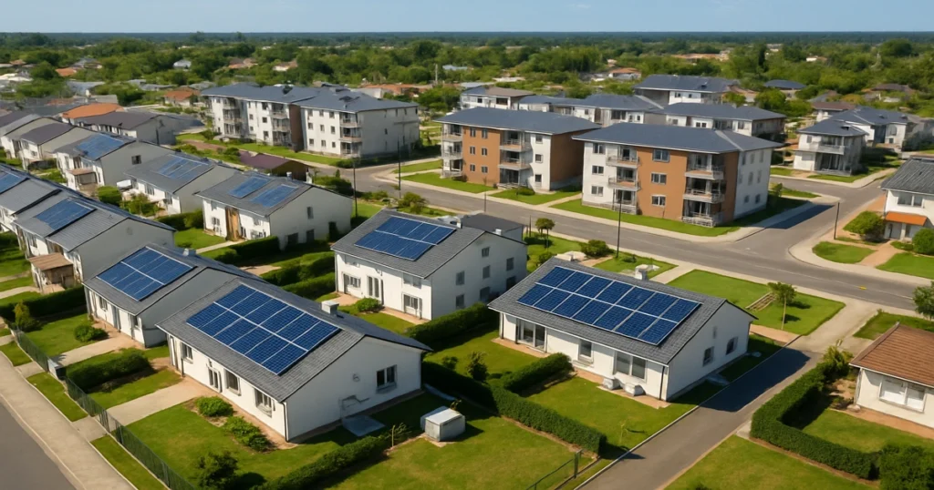 Barrio sostenible 100% eléctrico en Uruguay con casas y edificios equipados con paneles solares.