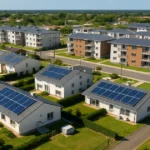 Barrio sostenible 100% eléctrico en Uruguay con casas y edificios equipados con paneles solares.