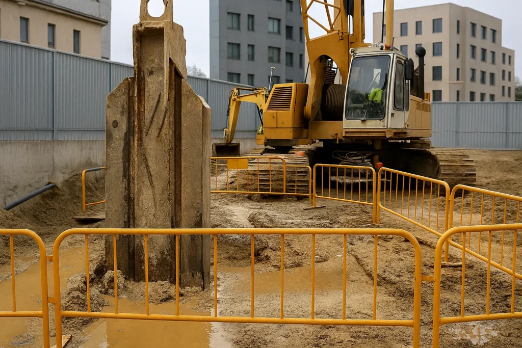 Excavación profunda de muro pantalla, con maquinaria pesada y uso de lodos bentoníticos para estabilizar el terreno