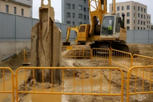 Excavación profunda de muro pantalla, con maquinaria pesada y uso de lodos bentoníticos para estabilizar el terreno