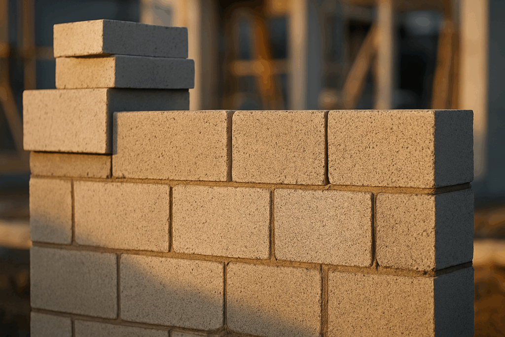 Muro de bloques de hormigón visto, iluminado por la luz cálida del atardecer en una obra contemporánea.