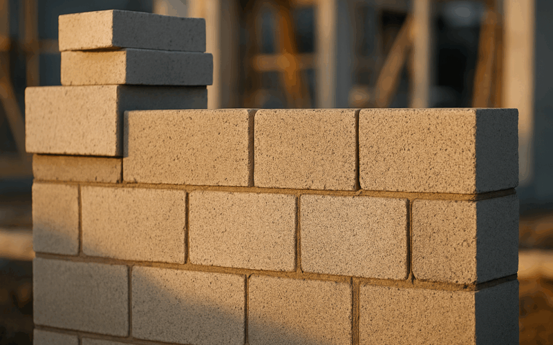 Muro de bloques de hormigón visto, iluminado por la luz cálida del atardecer en una obra contemporánea.