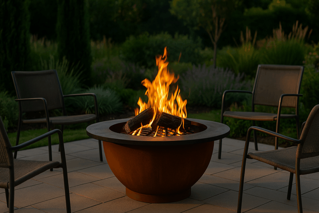 Brasero de acero corten encendido en un jardín moderno con sillas alrededor y vegetación mediterránea.