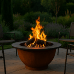 Brasero de acero corten encendido en un jardín moderno con sillas alrededor y vegetación mediterránea.