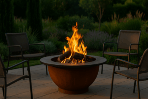 Brasero de acero corten encendido en un jardín moderno con sillas alrededor y vegetación mediterránea.