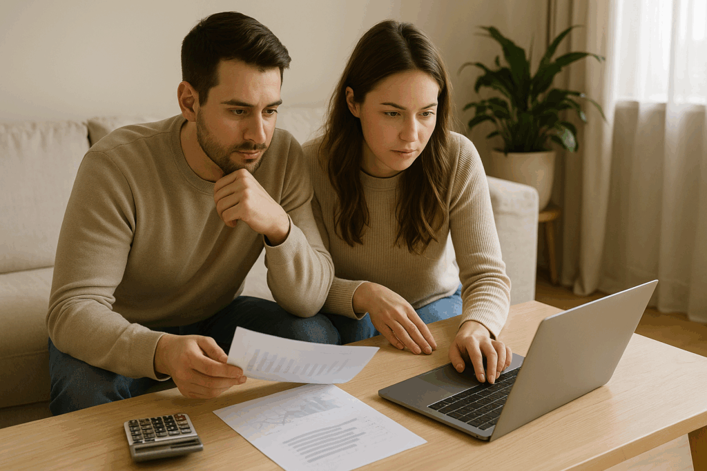 Pareja joven analizando su capacidad hipotecaria con ordenador portátil y documentos financieros en una vivienda moderna y luminosa.